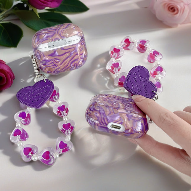 Purple Sapphire Marble AirPods Case Glossy Protective Cover with Heart Charm Strap