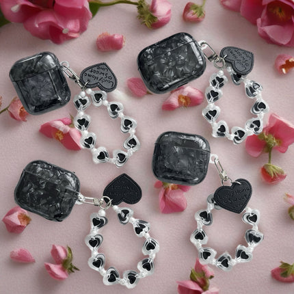 Black Obsidian Marble AirPods Case Glossy Protective Cover with Heart Charm Strap