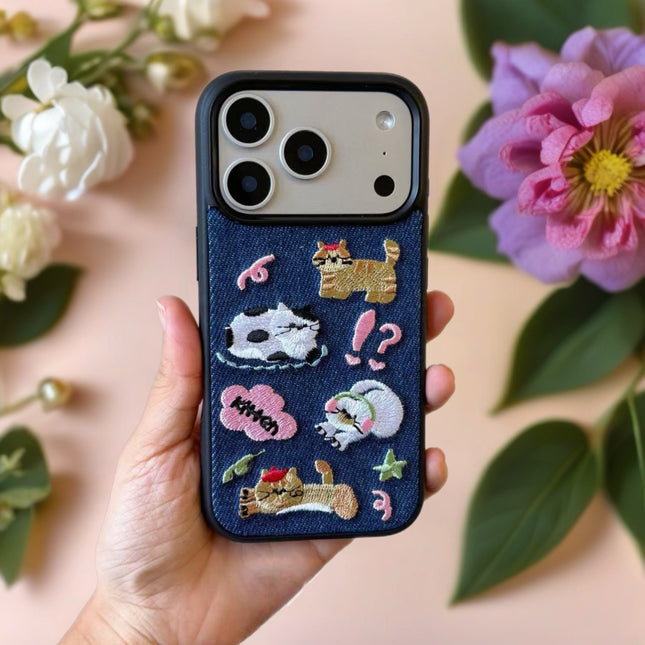 Kawaii Embroidered Cat Denim Case for iPhone | Protective Fabric Phone Cover