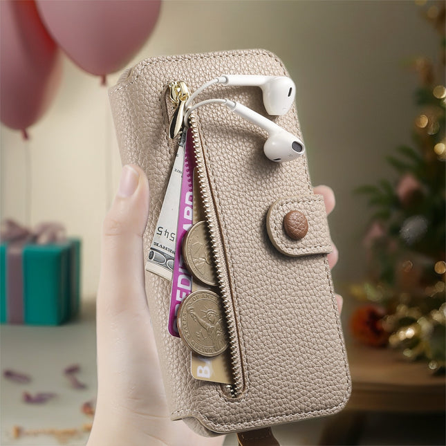 Multi-Function Leather Wallet Case for Phone | Zipper Pocket, Card Slots & Hand Strap