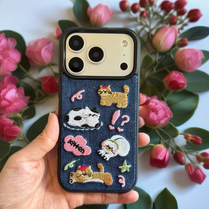 Kawaii Embroidered Cat Denim Case for iPhone | Protective Fabric Phone Cover