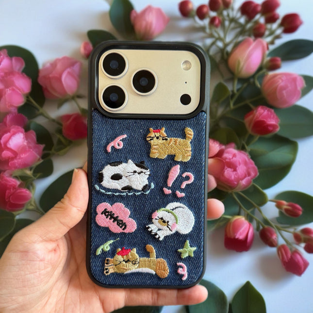 Kawaii Embroidered Cat Denim Case for iPhone | Protective Fabric Phone Cover