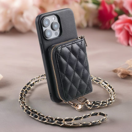 Quilted Leather Wallet Case for iPhone | Zipper Card Holder with Chain Crossbody Strap