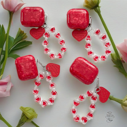 Garnet Marble AirPods Case Glossy Protective Cover with Heart Charm Strap