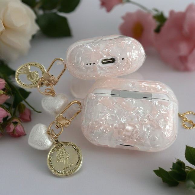 Opal Marble AirPods Case Glossy Protective Cover with Heart Coin Charm