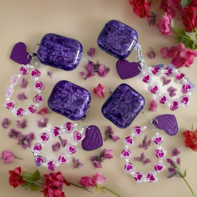 Amethyst Marble AirPods Case Glossy Protective Cover with Heart Charm Strap