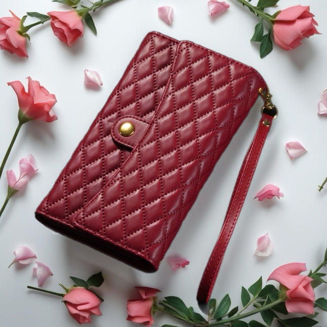 Quilted iPhone Wallet Case with Zip Pocket & Wrist Strap for Elegant Daily Carry