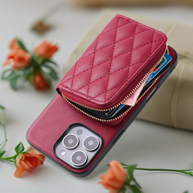 Quilted Leather Wallet Case for iPhone | Zipper Card Holder with Chain Crossbody Strap