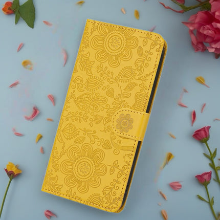 Scarlet Bloom Embossed Leather Wallet Phone Case Floral Snap Cover with Wrist Strap