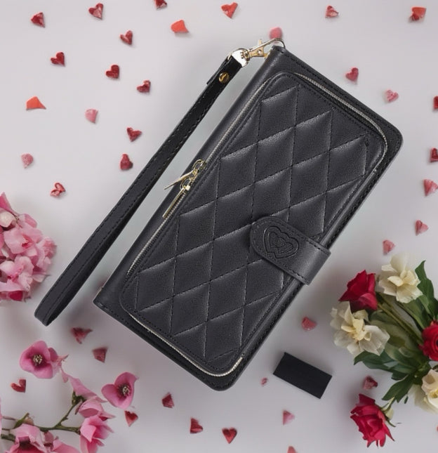 Padded Leather iPhone Wallet Phone Case with Zipper | Card Holder & Wrist Strap