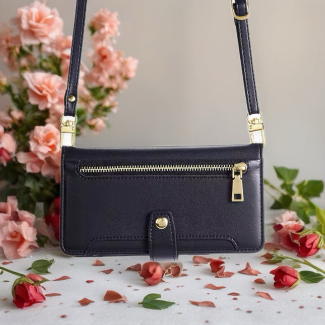 Minimal Leather Crossbody Phone Wallet Case | Zip Pocket, Card Slots & Shoulder Strap