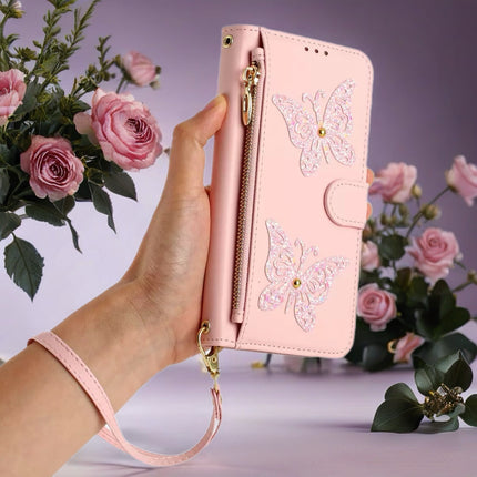 Butterfly Leather Wallet Case for iPhone | Zipper Pocket, Card Slots & Wrist Strap