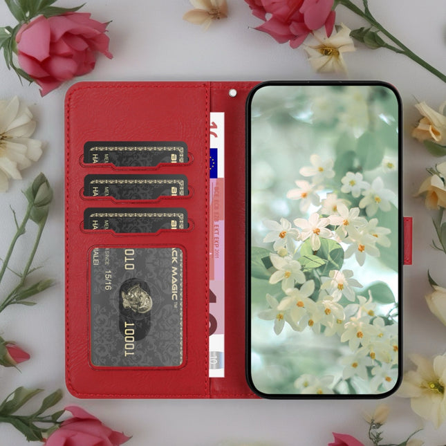 Scarlet Bloom Embossed Leather Wallet Phone Case Floral Snap Cover with Wrist Strap