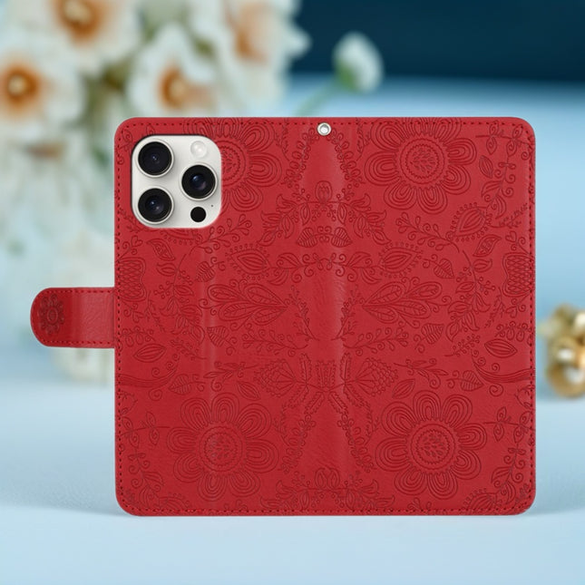 Scarlet Bloom Embossed Leather Wallet Phone Case Floral Snap Cover with Wrist Strap