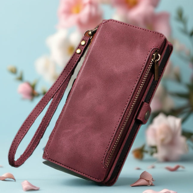 BlushCarry Leather Wallet iPhone Case Zipper Pocket Card Holder with Wrist Strap