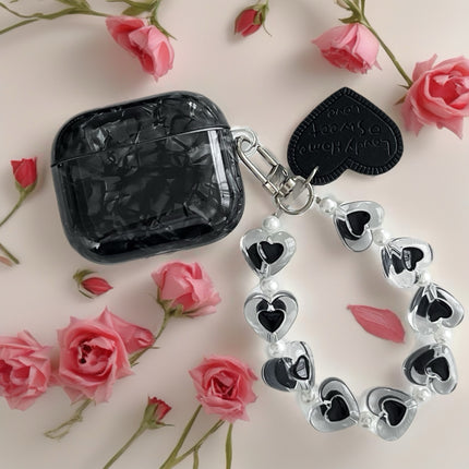 Black Obsidian Marble AirPods Case Glossy Protective Cover with Heart Charm Strap
