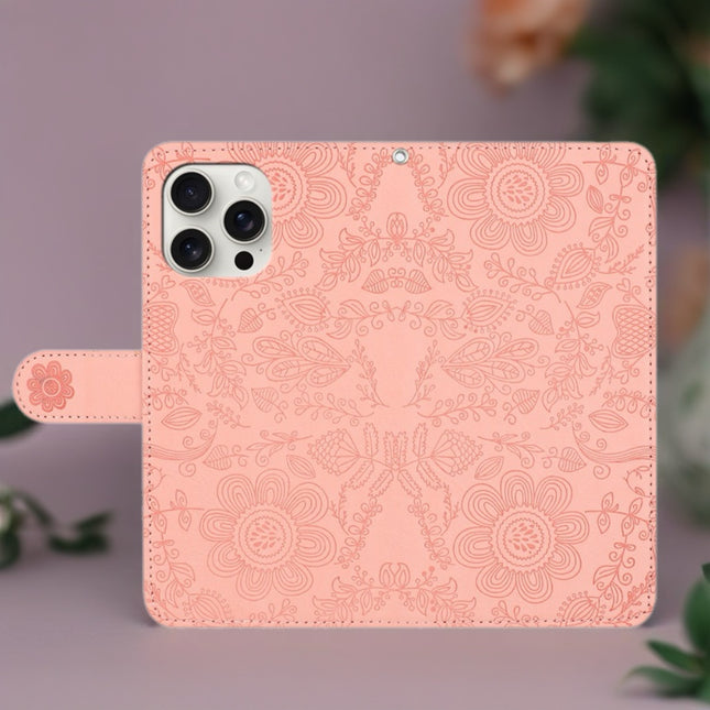 Scarlet Bloom Embossed Leather Wallet Phone Case Floral Snap Cover with Wrist Strap