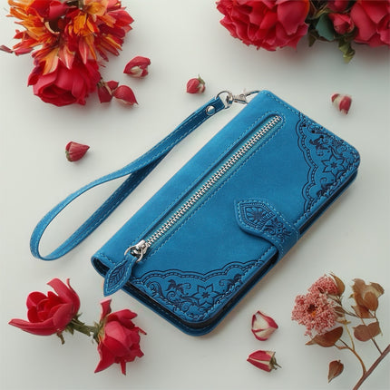 Botanical Embossed Wallet Case for Phone | Leather Flip Cover with Card Slots & Wrist Strap