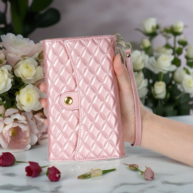 Quilted iPhone Wallet Case with Zip Pocket & Wrist Strap for Elegant Daily Carry