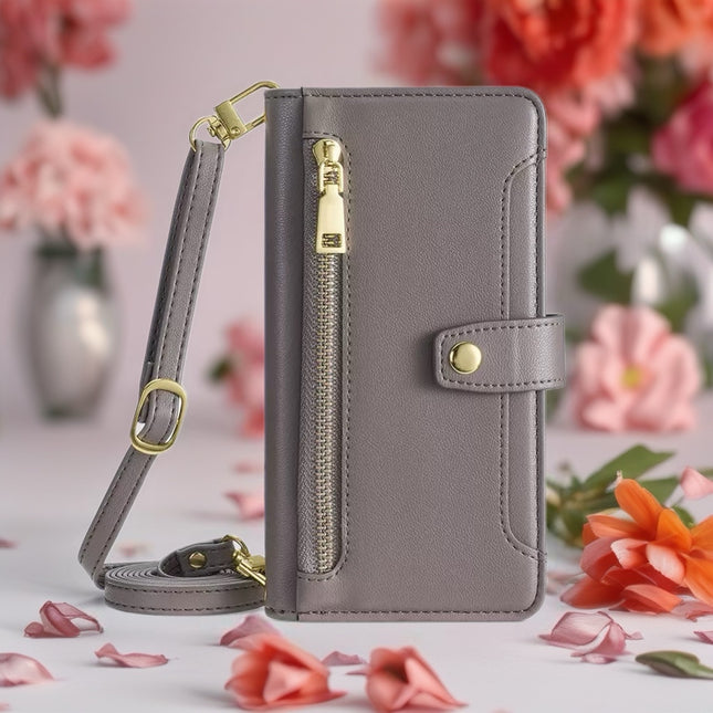 Minimal Leather Crossbody Phone Wallet Case | Zip Pocket, Card Slots & Shoulder Strap