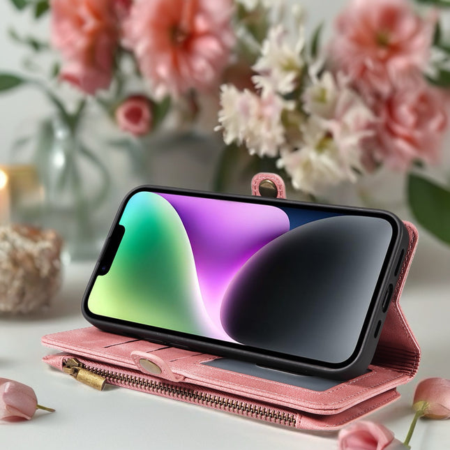 BlushCarry Leather Wallet iPhone Case Zipper Pocket Card Holder with Wrist Strap