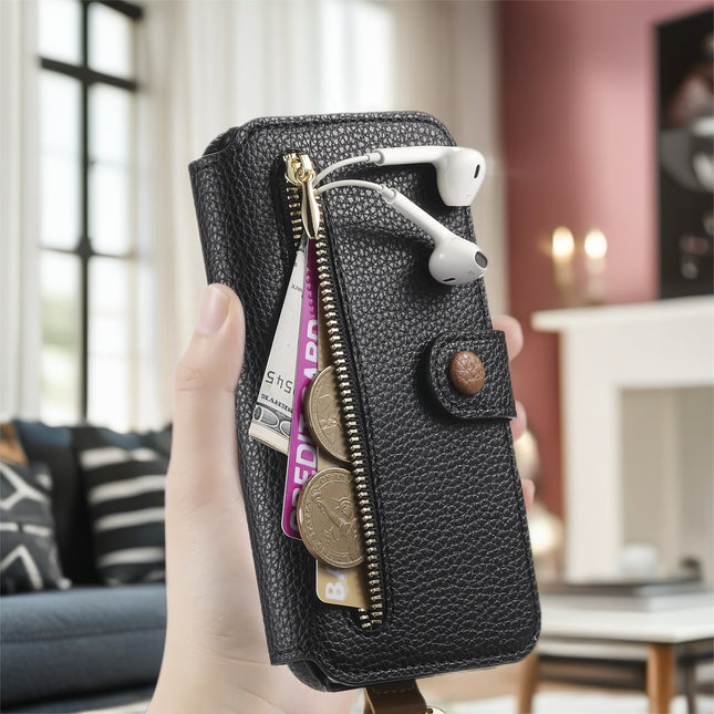 Multi-Function Leather Wallet Case for Phone | Zipper Pocket, Card Slots & Hand Strap