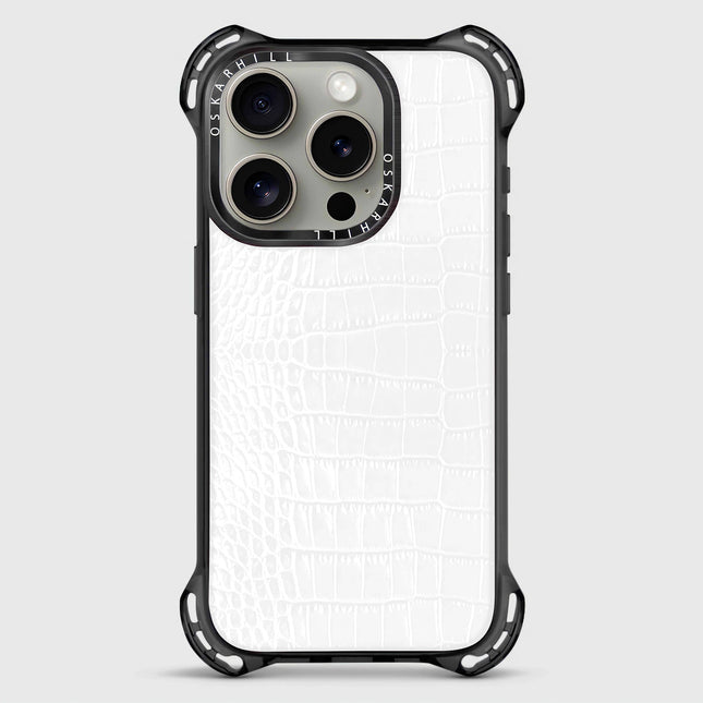 Premium iPhone 15 Pro Max Alligator Bounce Case in White Smoke, MagSafe compatible, precision-milled aluminum camera rings, handcrafted leather.