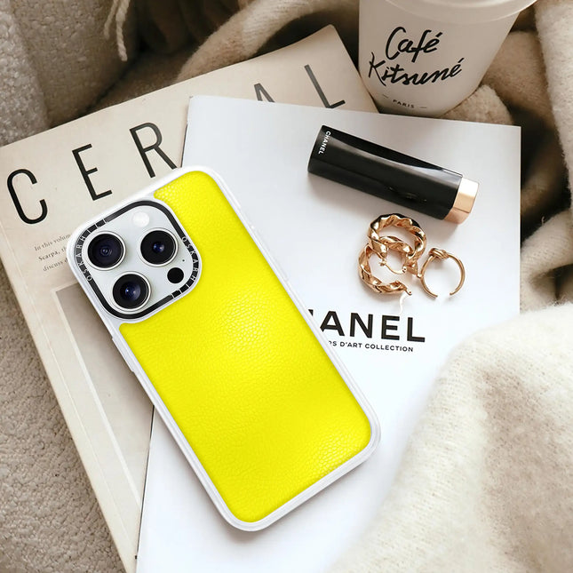 Coque iPhone 14 Pro en cuir classique — Jaune citron