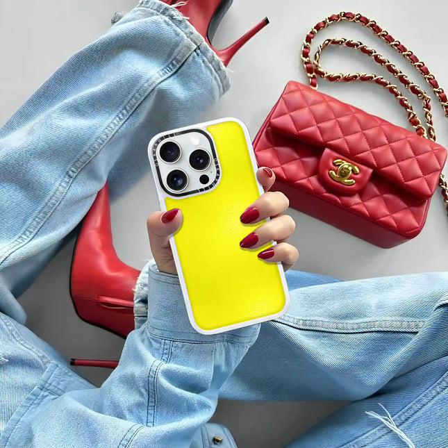 Coque iPhone 14 Pro en cuir classique — Jaune citron