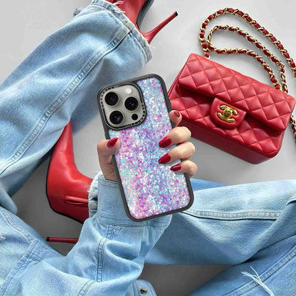 Coque iPhone 15 Pro Elite — Paillettes violet-bleu pastel