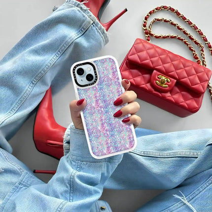 Coque iPhone 14 Plus Classic — Paillettes violet-bleu pastel