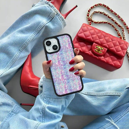 Coque iPhone 15 Plus Elite — Paillettes violet-bleu pastel