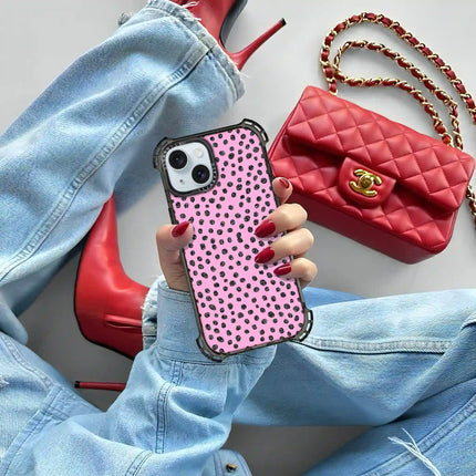 Coque iPhone 15 Bounce — Motif à pois pailletés rose