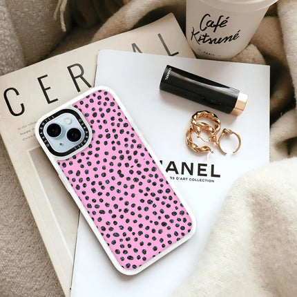 Coque iPhone 15 Plus Classic — Motif à pois pailletés rose