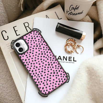 Coque iPhone 16 Bounce CASE — Paillettes à pois roses