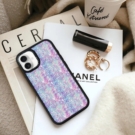 Coque iPhone 16 Plus Elite — Paillettes violet-bleu pastel