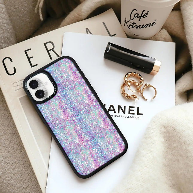 Coque iPhone 16 Elite — Paillettes violet-bleu pastel