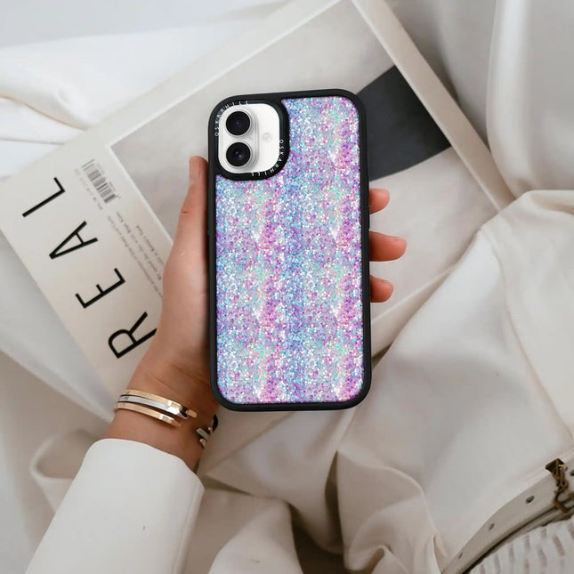 Coque iPhone 16 Elite — Paillettes violet-bleu pastel