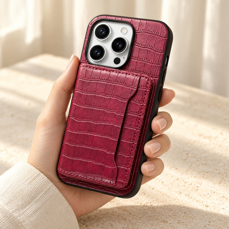 Alligator Style iPhone Wallet Case in Red, held to show its textured rear card holder and black outer edge.