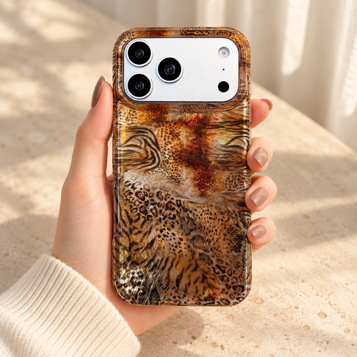 Animal Mix Amber Shimmer iPhone case held in one hand to show the rear pattern.