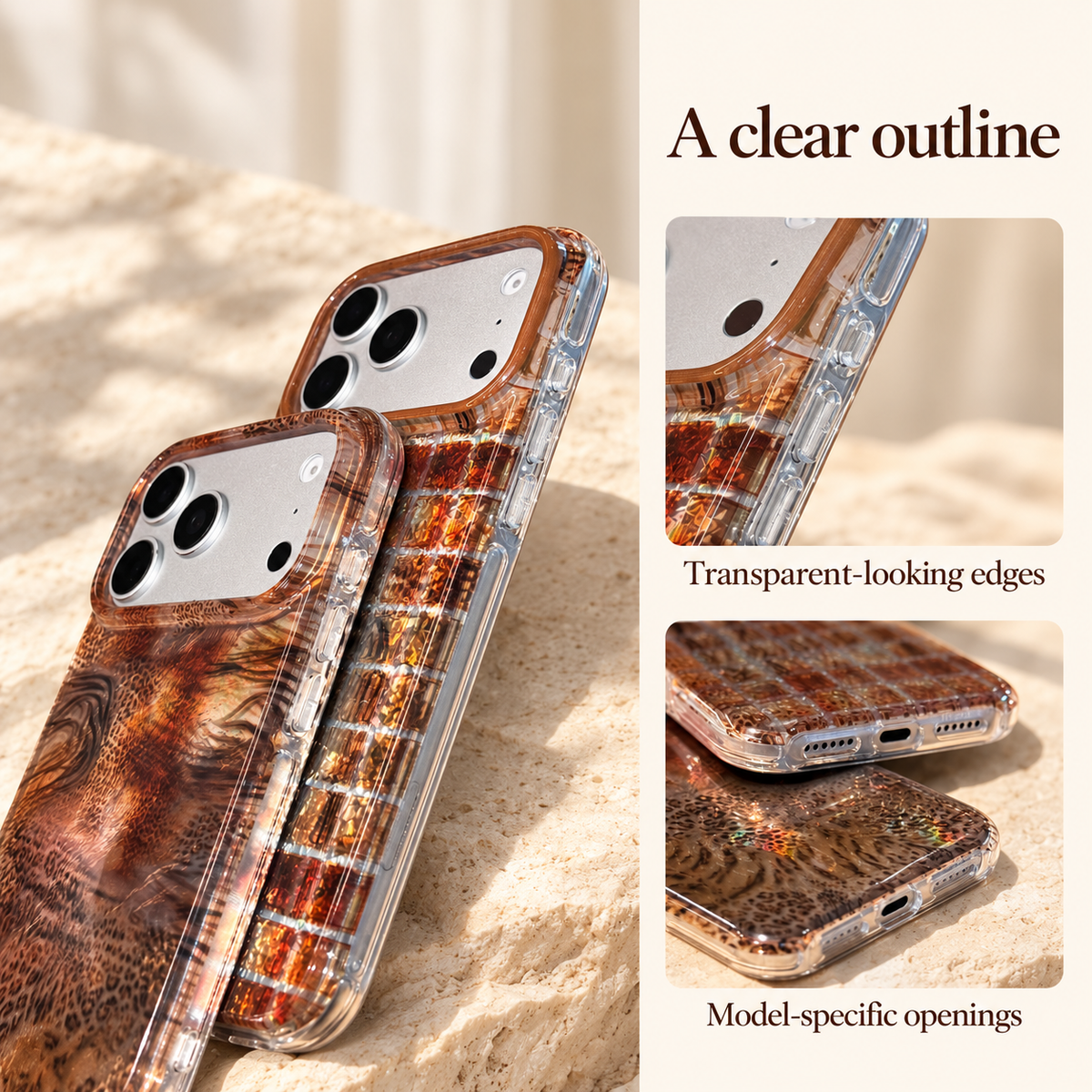 Amber Shimmer case information image showing clear side edges and bottom openings.