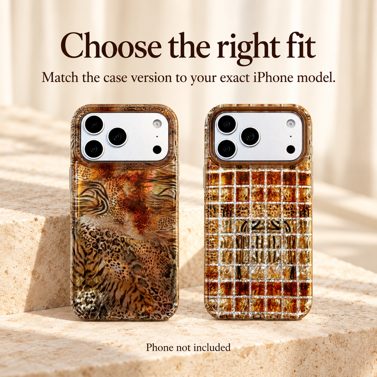 Amber Shimmer iPhone case fit reminder with the Animal Mix and Plaid designs.