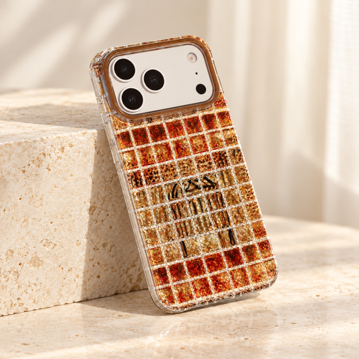 Plaid Amber Shimmer case at a three-quarter rear angle showing glossy reflections.