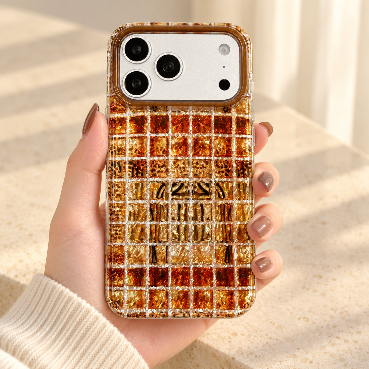 Plaid Amber Shimmer iPhone case held in one hand to show the rear pattern.