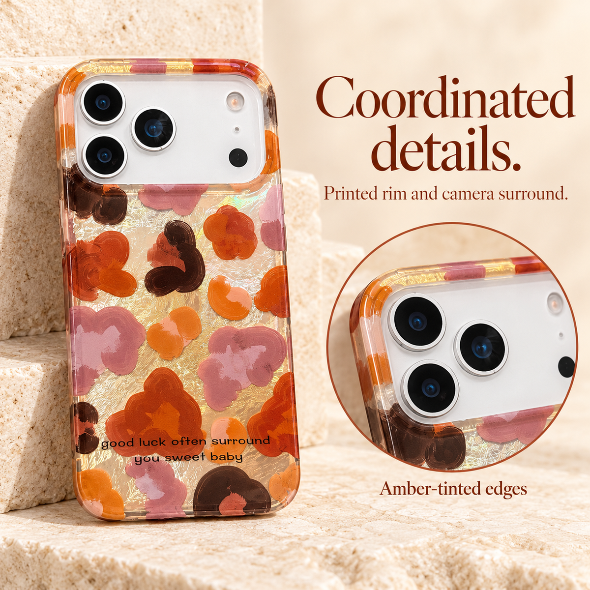 Full Autumn Mix floral case with a circular close-up of the matching amber-tinted printed rim and broad camera surround.