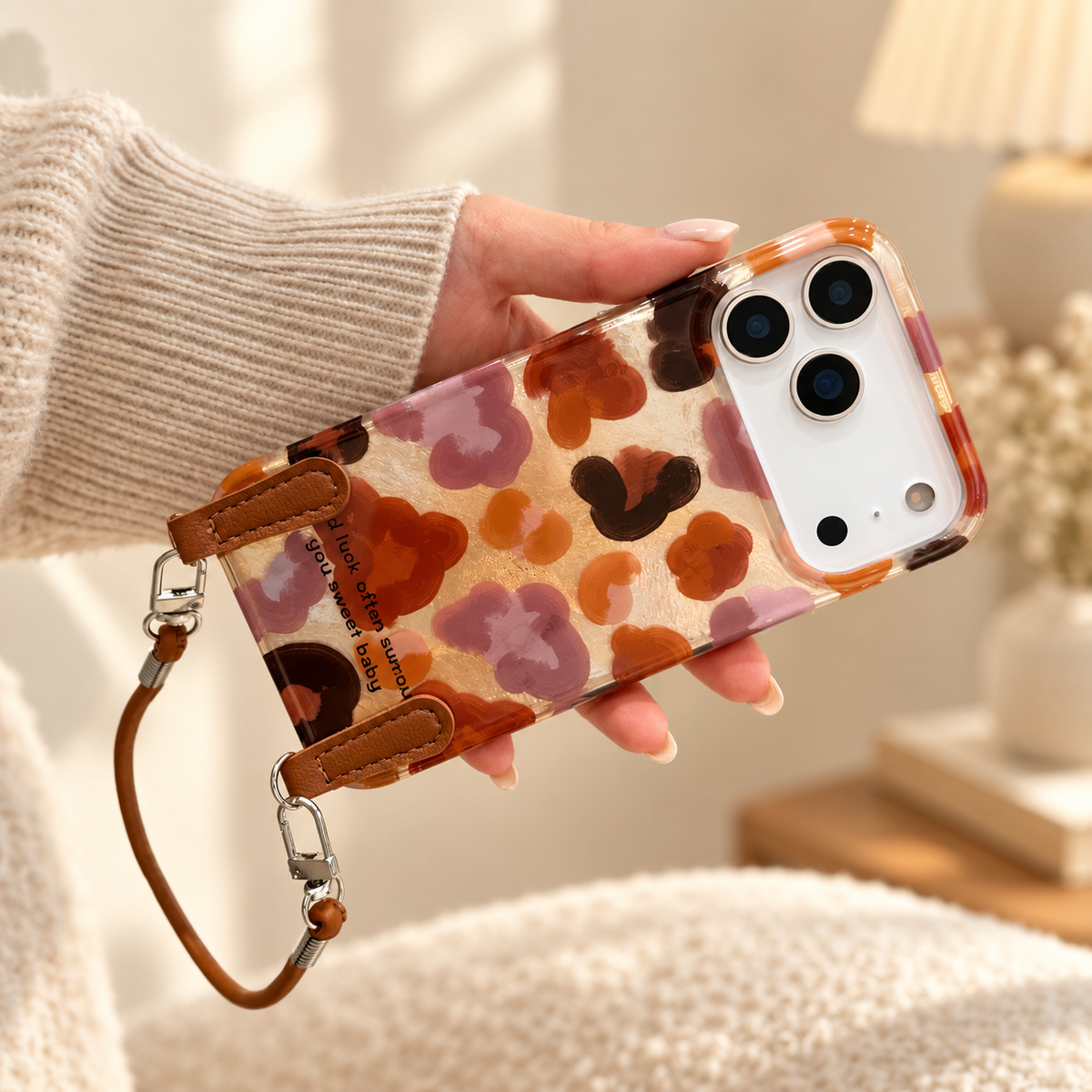 Autumn Mix floral case held in hand with the brown two-clip wrist loop shown in the reference styling.