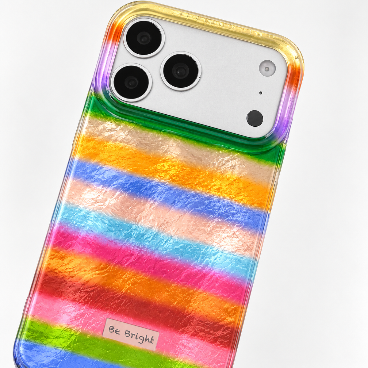 Be Bright rainbow stripe iPhone case — multicolour camera surround detail.