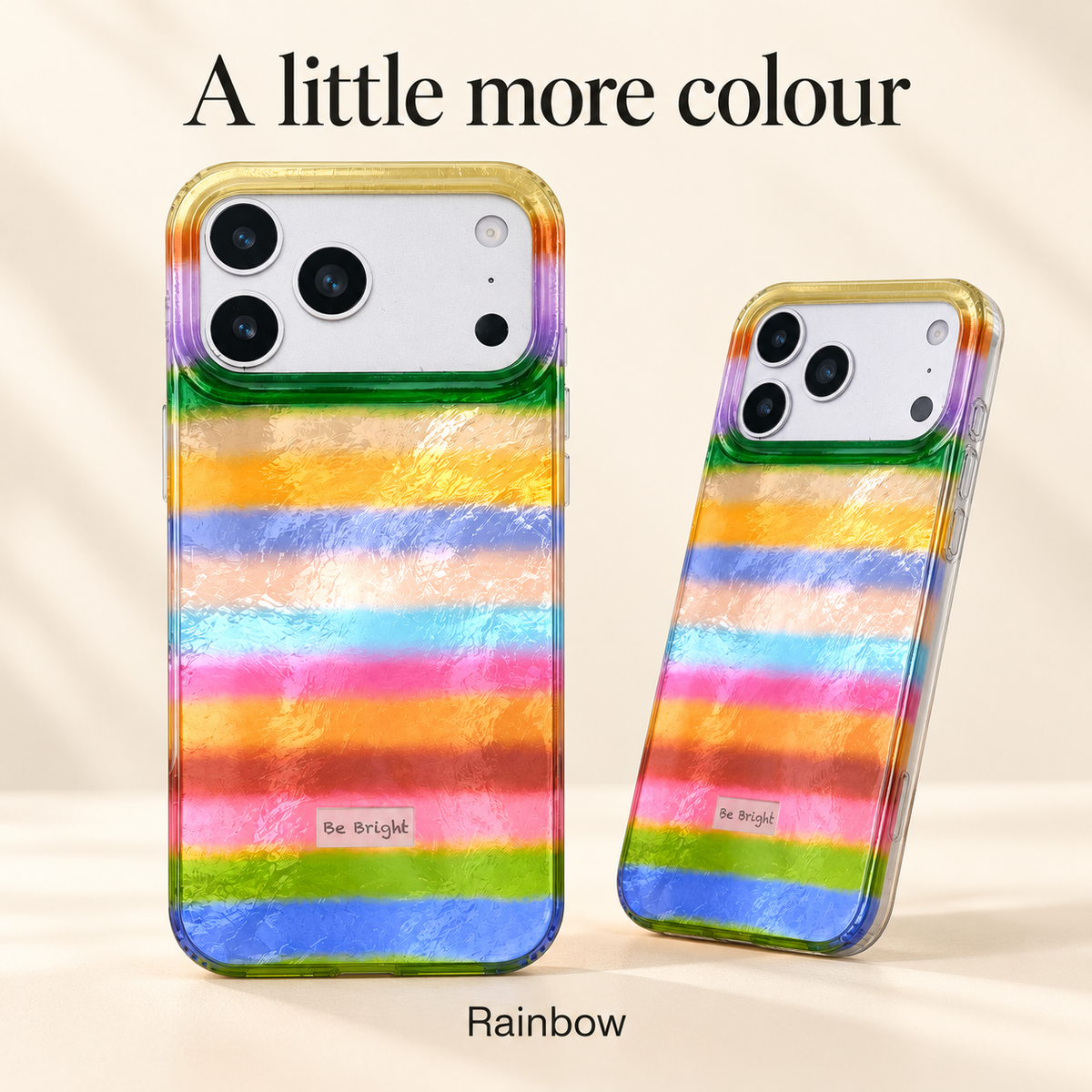 Rainbow stripe iPhone case style guide with full and angled views.