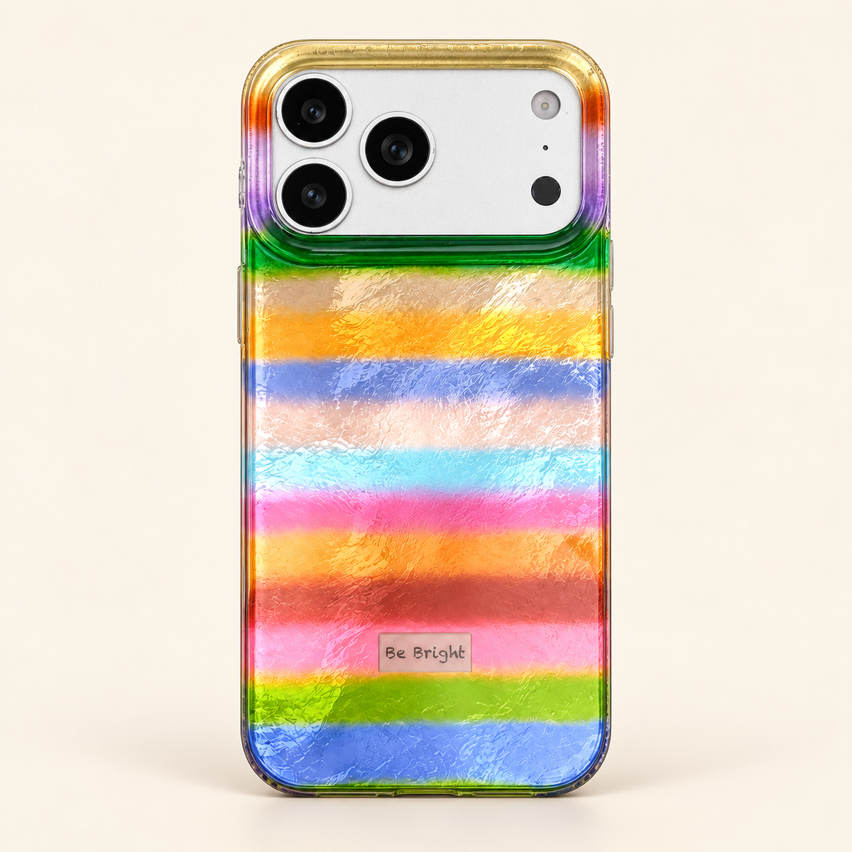 Be Bright rainbow stripe iPhone case — full rear studio view.