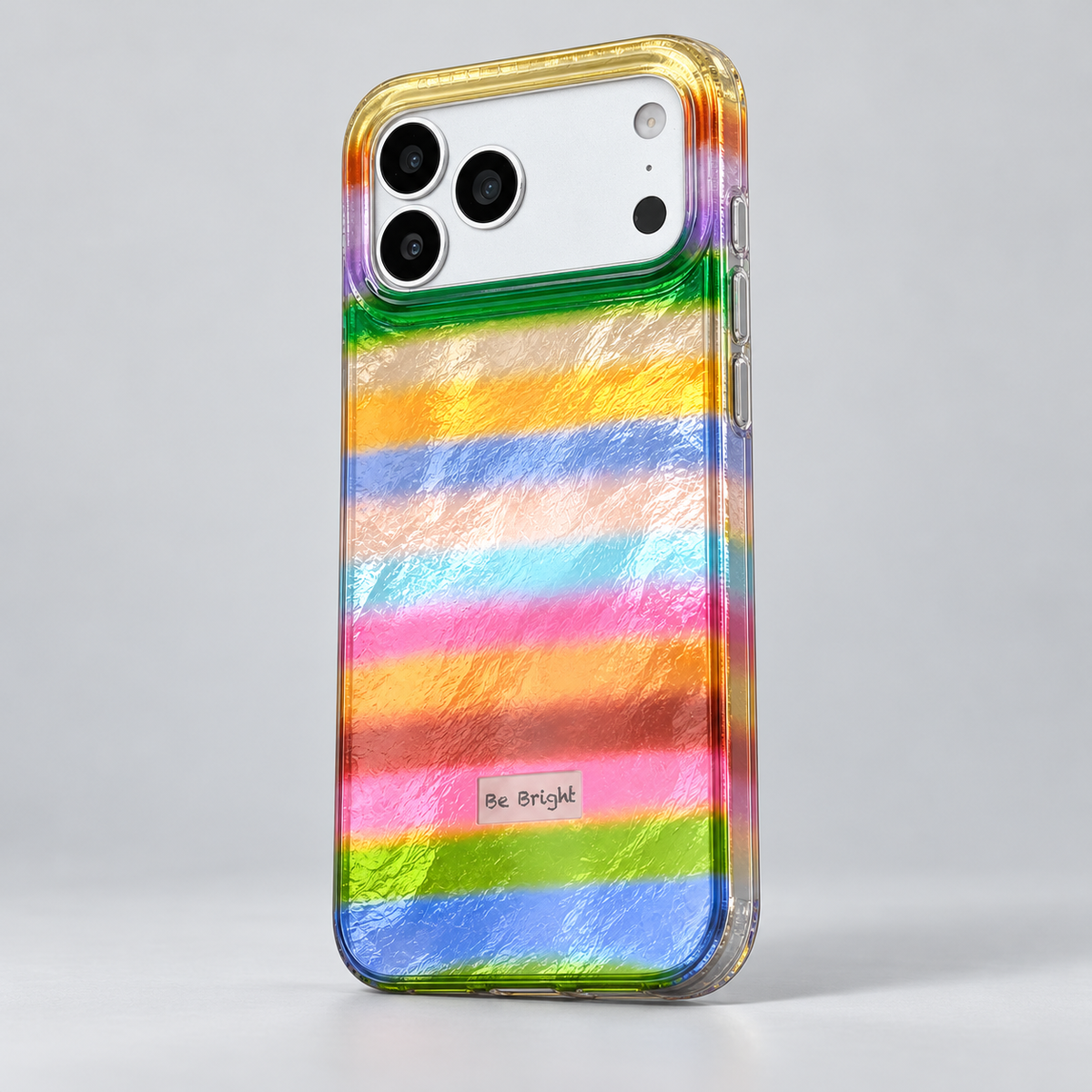 Be Bright rainbow stripe iPhone case — opposite rear angle.